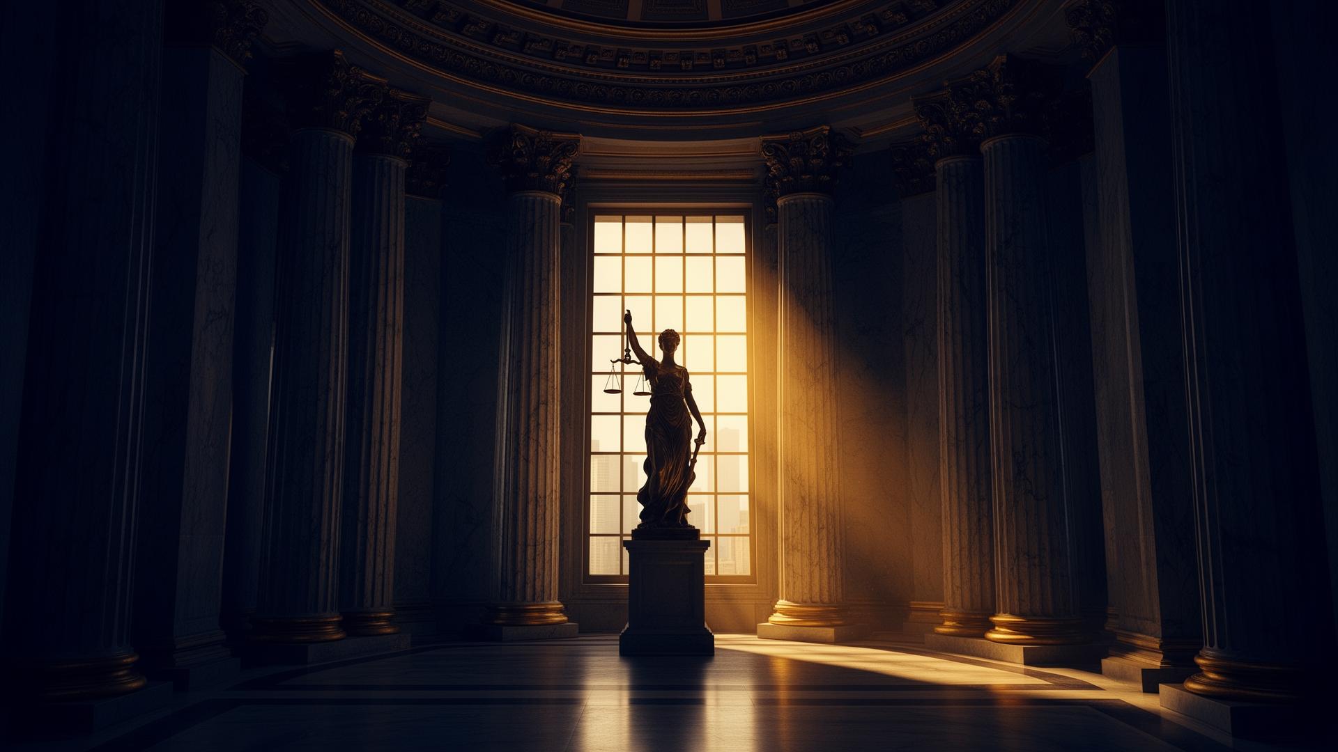 Lady Justice silhouette in a marble courthouse